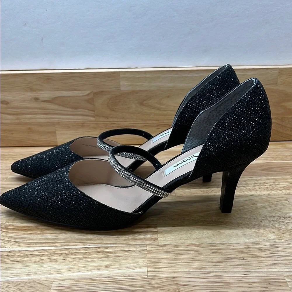 Nina 8.5 Black Glitter Brystol Black Metallic Crystal Band Women's Mid Heel Pump